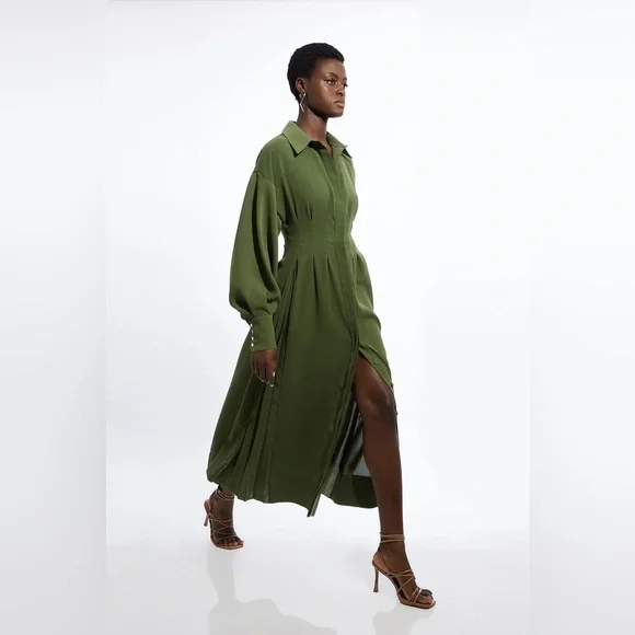 Karen Millen | Dresses | Nwt Karen Millen Compact Stretch Long Sleeve Maxi  Shirt Dress In Khaki Size 8 | Poshmark
